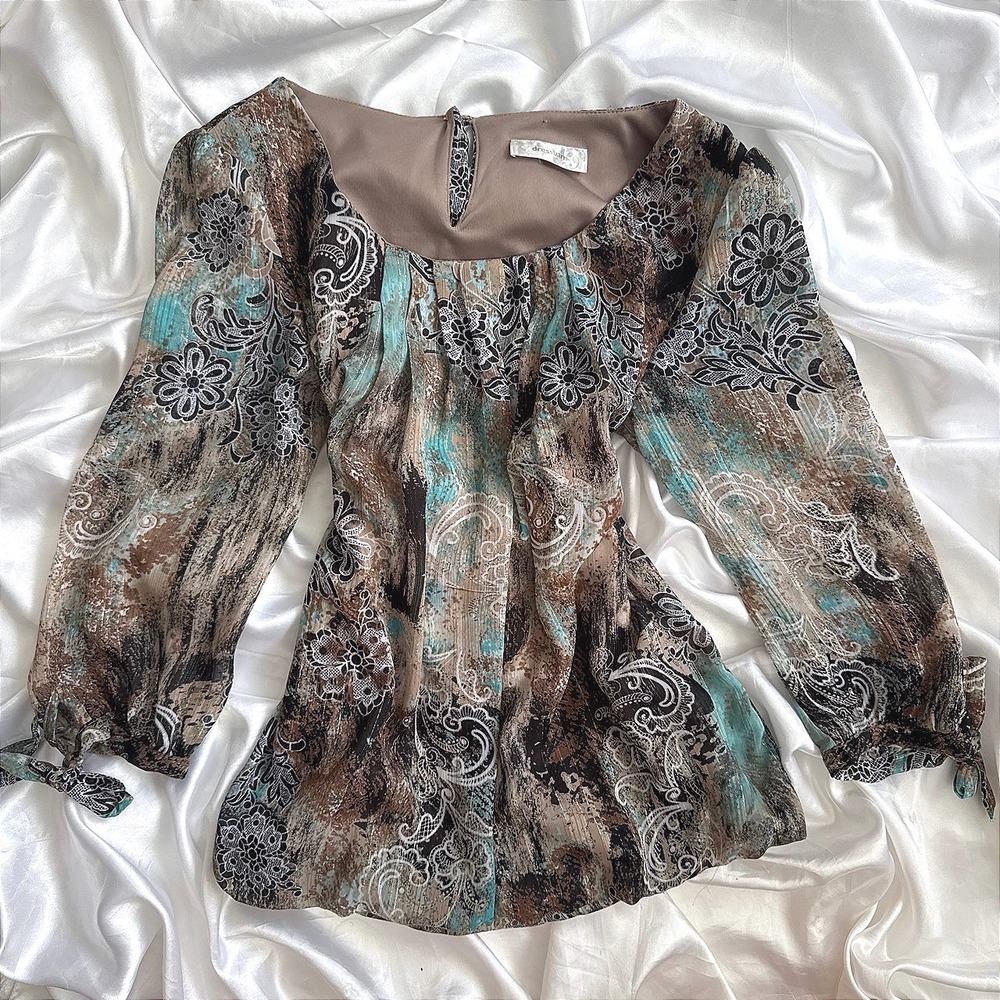 Dressbarn Women Brown Blue Paisley Floral Metallic Chiffon Bubble Hem Blouse L